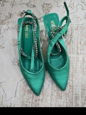 Emerald Satin Ankle-Strap Heels with Crystal Wrap